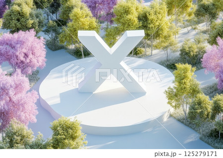 A white X is on a stage in a park 125279171