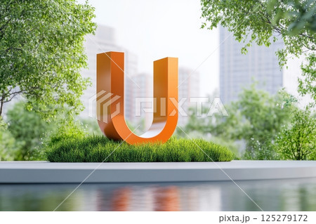 A large orange U is sitting on a green grassy area next to a body of water 125279172