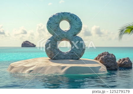 A large number 8 is sitting on a rock in the ocean 125279179