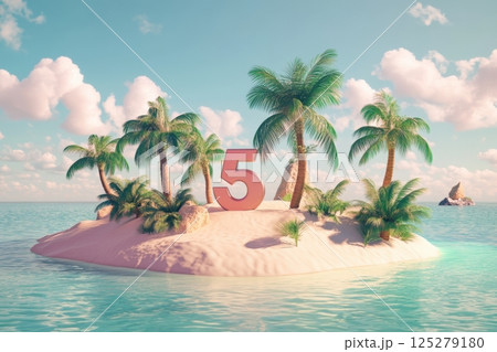 A tropical island with palm trees and a large number 5 in the middle A tropical island with palm trees and a large number 5 in the middle 125279180
