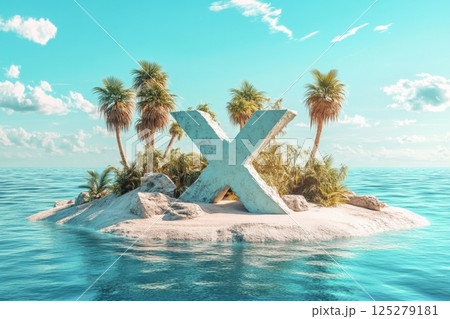 A white X is on a small island in the ocean A white X is on a small island in the ocean 125279181