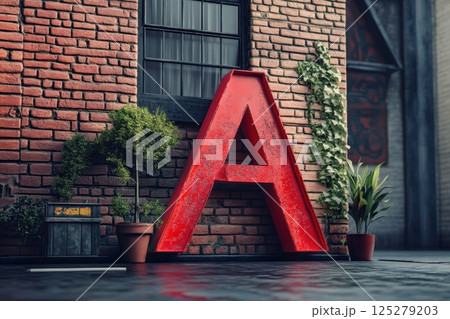 A red letter A is on a brick wall next to a potted plant 125279203