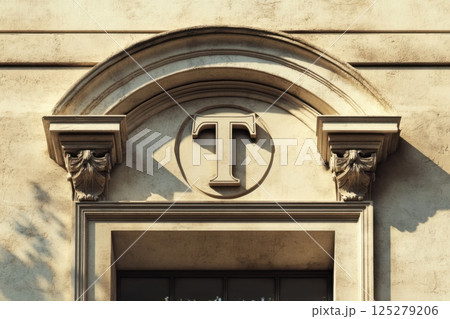 The letter T is carved into the stone of a building 125279206