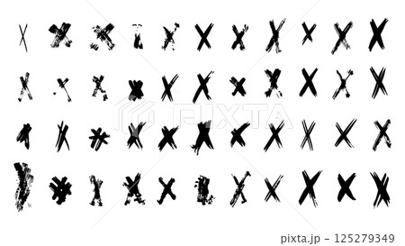 Set of black cross made with grunge brush, bold brush strokes forming cross, incorrect icons, reject vector symbols, vector buttons for vote, collection of crosses drawn with ink, grunge elements 125279349