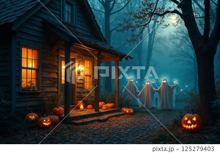 a crowd of ghosts on the porch of the house on Halloween night, pumpkin and candle decorations, moonlight, a rustic house in the forest, autumn nature 125279403