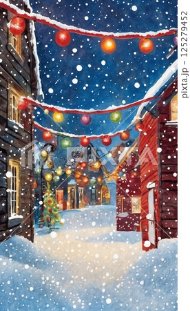 winter village with Christmas decorations, background for New year celebrations, winter fairy tale 125279452