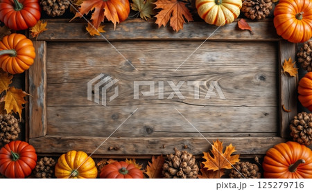 Halloween decorations with pumpkins on the background of a wooden wall, autumn season 125279716