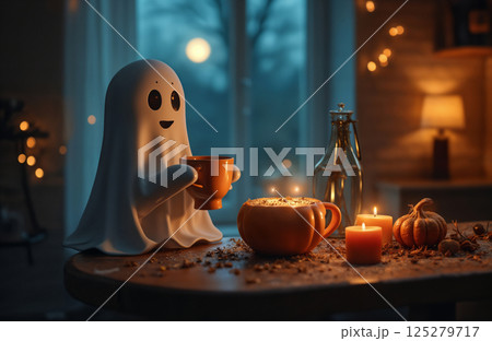 A cute ghost enjoys a cup of latte in the kitchen interior, Halloween theme, autumn decorations 125279717