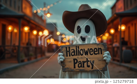 a ghost with a banner for a Halloween party on a city street near a pub or salon, an inscription on a wooden board in vintage style 125279718