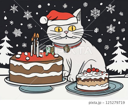 cat and Christmas cake, with decorations for New Year holidays, festive background, winter fairy tale 125279719