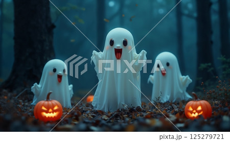 A group of cute ghosts in the forest at night celebrating Halloween, moonlight, autumn nature 125279721