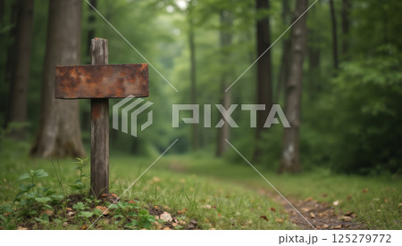 an empty sign board on the background of a forest, made of wood, old and weathered plaque an empty sign board on the background of a forest, made of wood, old and weathered plaque 125279772