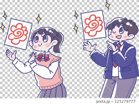 插圖:男孩和女孩展示帶有閃亮花朵標記的考試答案紙 插圖:男孩和女孩展示帶有閃亮花朵標記的考試答案紙 125279777