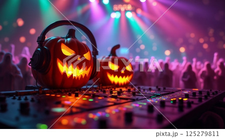 Pumpkins like a DJ with headphones are making a party and playing on the DJ console, a stage lights and night club environment 125279811