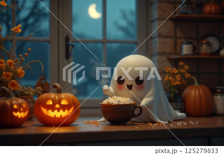 A cute ghost enjoys a cup of latte in the kitchen interior, Halloween theme, autumn decorations A cute ghost enjoys a cup of latte in the kitchen interior, Halloween theme, autumn decorations 125279833