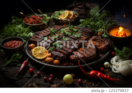 grilled meat and vegetables and herbs cooked on fire as a barbecue, roast in a frying pan, delicious food 125279837