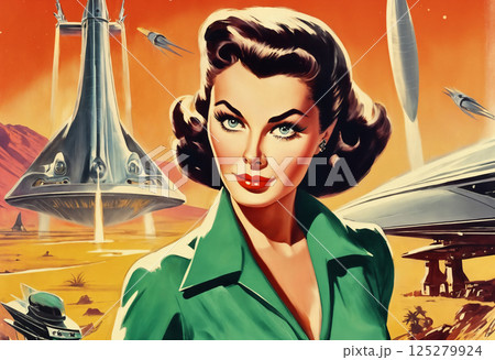 portrait of a beautiful woman on a background of space and spaceship, illustration in retro style 125279924