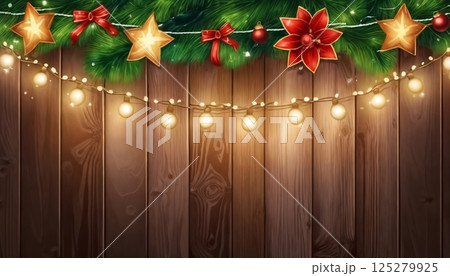 Christmas decorations and gifts and garland on a wooden wall background for new year celebrations, winter fairy tale 125279925