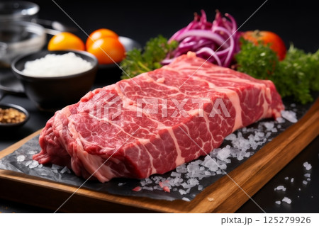 raw sliced meat and vegetables and herbs on a wooden board, delicious food 125279926