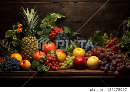 still life with bunches of grapes, berries and fresh and juicy fruits against a dark old wooden background, rural vintage style, the concept of fresh and healthy food 125279927
