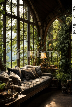 living room with sofa near large panoramic windows in the forest 125279928