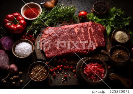 raw sliced meat and vegetables and herbs on a wooden board, delicious food 125280071