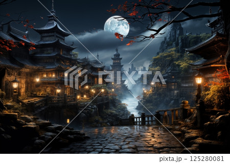 old town on a late rainy evening, wet pavement, street lights, old architecture in Japanese or Chinese style 125280081