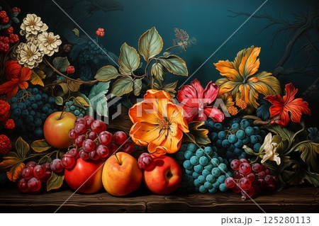 still life with bunches of grapes, berries and fresh and juicy fruits against a dark old wooden background, rural vintage style, the concept of fresh and healthy food 125280113