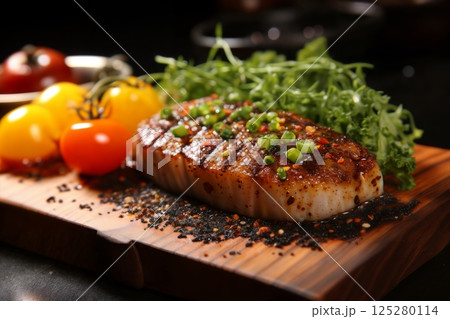 grilled meat and vegetables and herbs cooked on fire as a barbecue, roast in a frying pan, delicious food 125280114