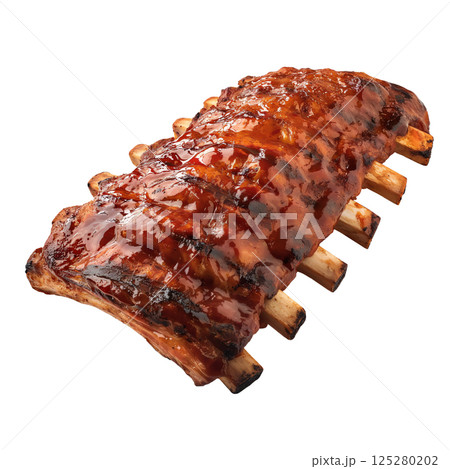 Delicious grilled pork ribs with barbecue sauce isolated on transparent background, ready to eat juicy and flavorful 125280202