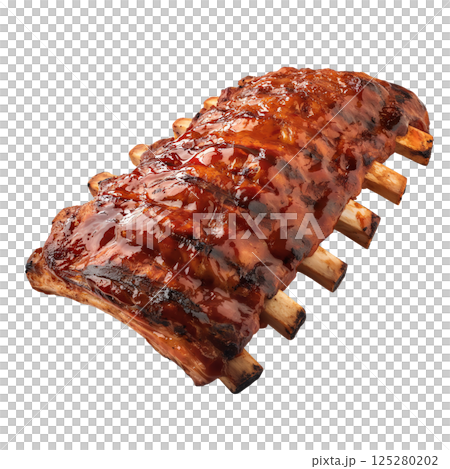 Delicious grilled pork ribs with barbecue sauce isolated on transparent background, ready to eat juicy and flavorful 125280202