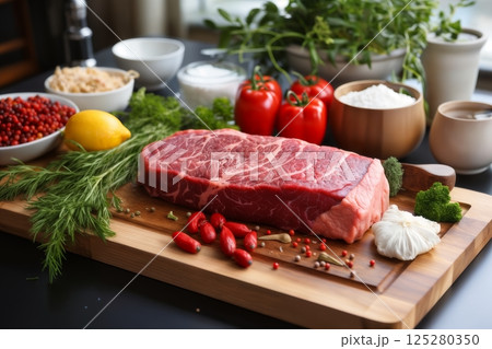 raw sliced meat and vegetables and herbs on a wooden board, delicious food 125280350