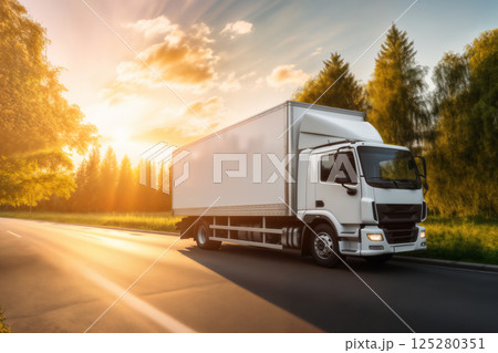 A white truck is driving on the road against the background of a summer landscape A white truck is driving on the road against the background of a summer landscape 125280351