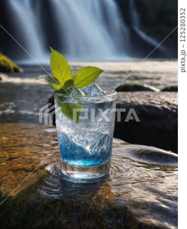 a glass filled with clean drinking water against a beautiful landscape, nature with a waterfall and a forest a glass filled with clean drinking water against a beautiful landscape, nature with a waterfall and a forest 125280352