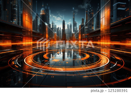 panorama of futuristic city with lights, cityscape, skyscrapers reflected in glass, building exteriors, red color panorama of futuristic city with lights, cityscape, skyscrapers reflected in glass, building exteriors, red color 125280391
