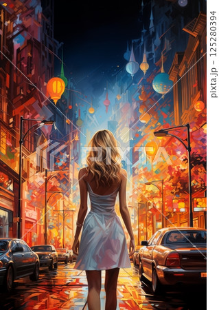 a girl in a dress walks down the street of a night city, bright street lights, colorful illustration a girl in a dress walks down the street of a night city, bright street lights, colorful illustration 125280394