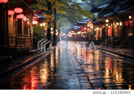 old town on a late rainy evening, wet pavement, street lights, old architecture in Japanese or Chinese style 125280405