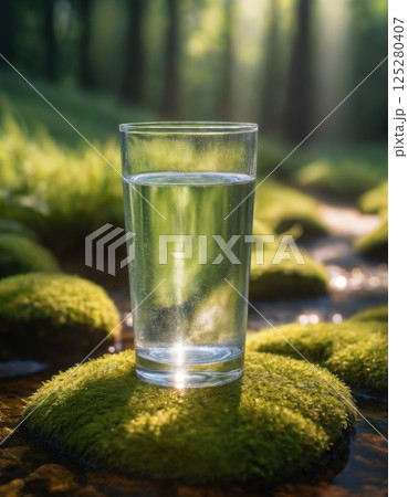 a glass filled with clean drinking water against a beautiful landscape, nature with a forest 125280407