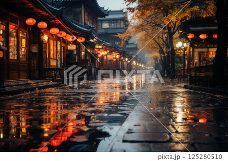 old town on a late rainy evening, wet pavement, street lights, old architecture in Japanese or Chinese style old town on a late rainy evening, wet pavement, street lights, old architecture in Japanese or Chinese style 125280510