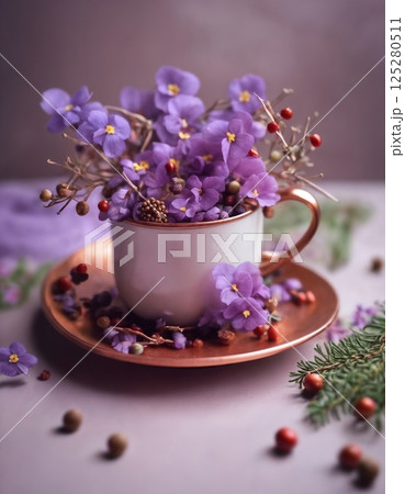flower arrangement in a cup, soft and purple, leaves and twigs 125280511