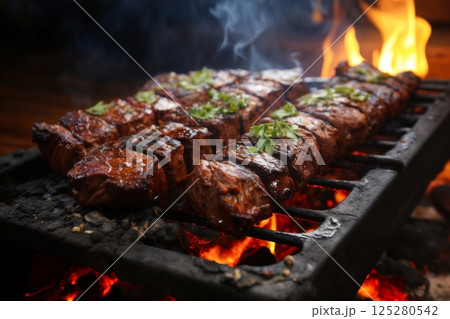 cooking meat with vegetables and herbs on fire, barbecue, flames and smoke, delicious food 125280542