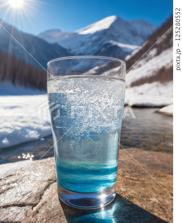 a glass filled with clean drinking water in the snow, against the background of a beautiful winter landscape, nature with mountains, fresh and cool 125280552