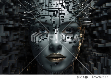 woman's face with 3D cubes and particles in space as symbol of augmented reality and computer technologies of future, close-up portrait, concept of cybernetics, biomechanics and robotics 125280557