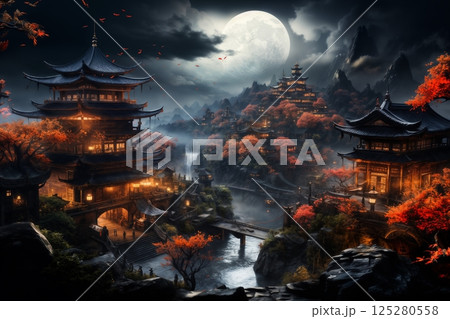 old town on a late rainy evening, wet pavement, street lights, old architecture in Japanese or Chinese style 125280558