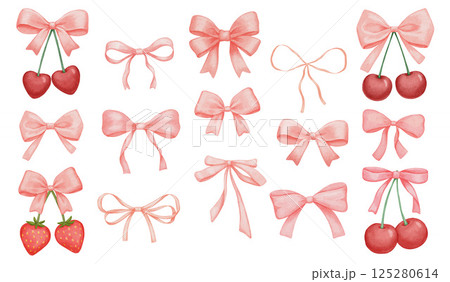 Coquette pink bow drawings set, isolated watercolor illustration, cute red lace ribbon and cherry 125280614