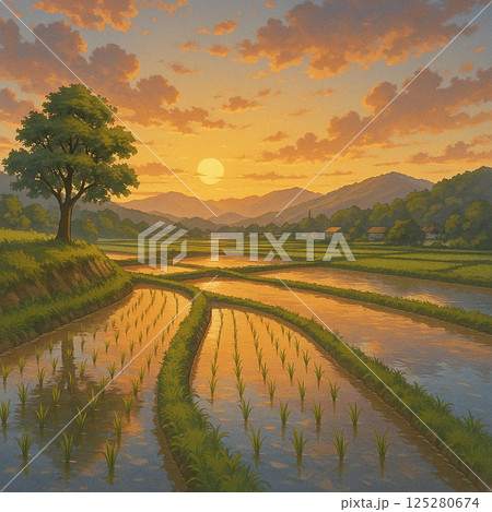 水田に映る夕焼け空 水田に映る夕焼け空 125280674