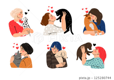 Women love dogs and cats. Girls hug puppies and kittens. People and pets friendship, happy lifestyle colorful illustration 125280744