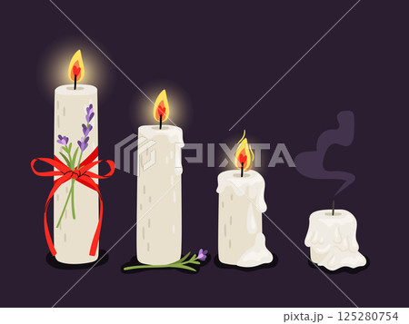 Stages of burning candle with bow and lavender. Extinguished candle vector illustration. Melting candles with dripping wax 125280754