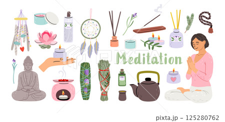 Set of meditation elements. Relaxed woman in lotus pose. Collection of incense sticks, candles, oils, dream Catcher, smudge sticks. Concept vector illustration of healthy lifestyle Set of meditation elements. Relaxed woman in lotus pose. Collection of incense sticks, candles, oils, dream Catcher, smudge sticks. Concept vector illustration of healthy lifestyle 125280762