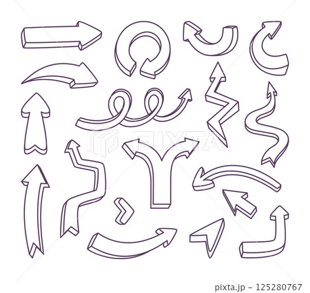 Set of hand drawn arrows. Sketch arrow design in doodle style for education and business plan Set of hand drawn arrows. Sketch arrow design in doodle style for education and business plan 125280767
